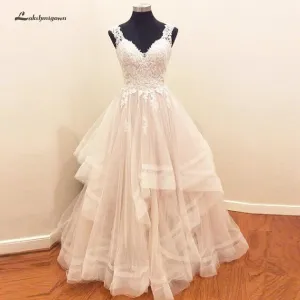 Princess Wedding Gowns Lace Appliques See Through Back Bridal Dress