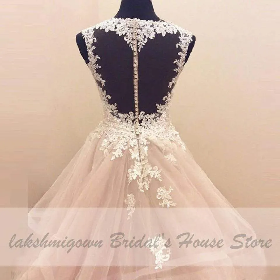Princess Wedding Gowns Lace Appliques See Through Back Bridal Dress