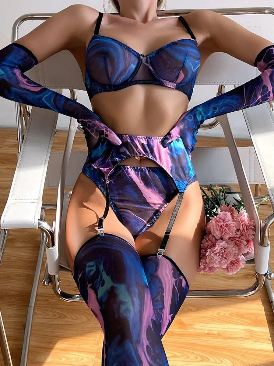 Print See Through Lingerie 5 Piece Set MSL014