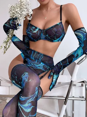 Print See Through Lingerie 5 Piece Set MSL014