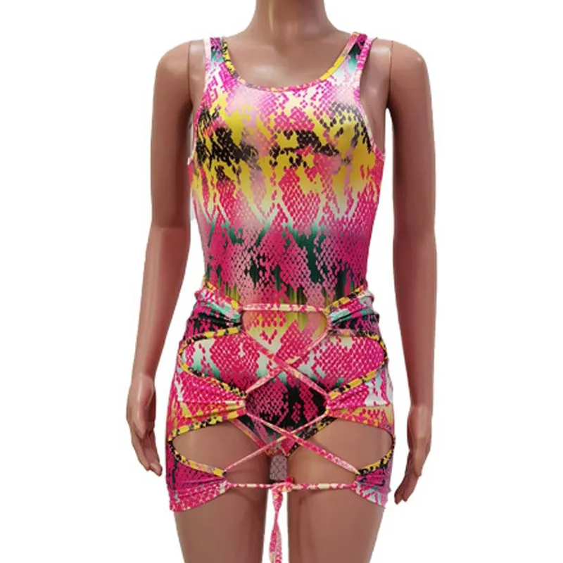 Print Sleeveless Bandage Hollow Out Two Piece Swimsuit Set