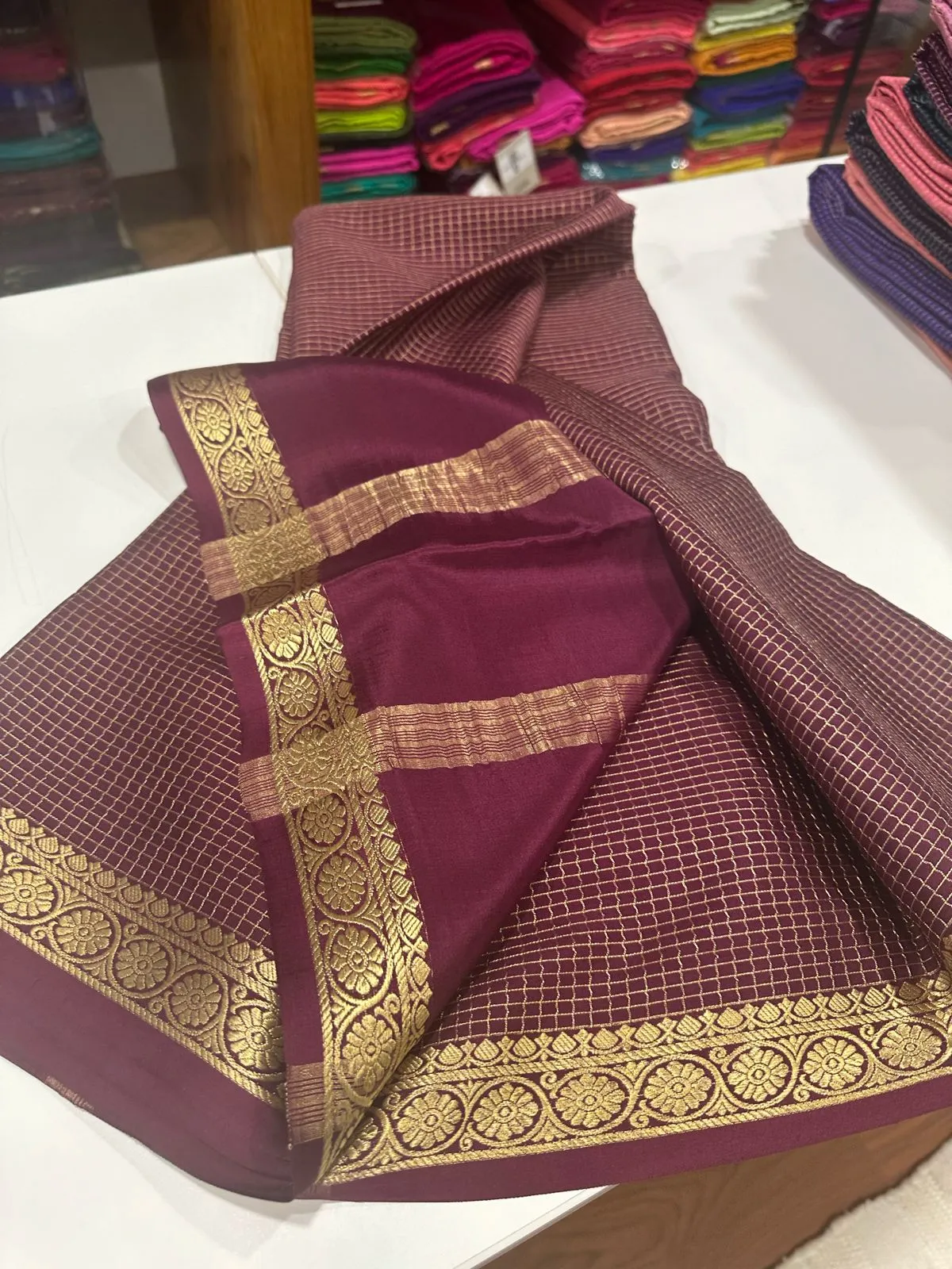 Pure Mysore Silk Small Check Designer Saree