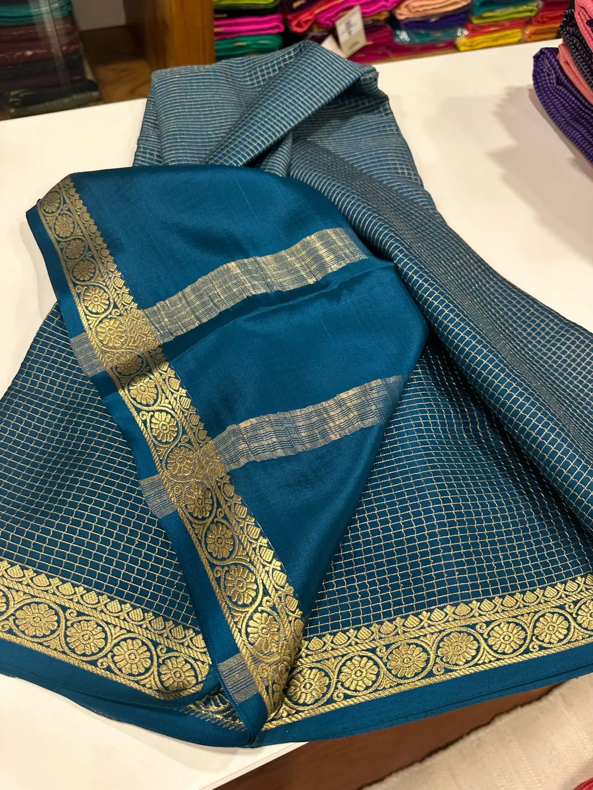 Pure Mysore Silk Small Check Designer Saree