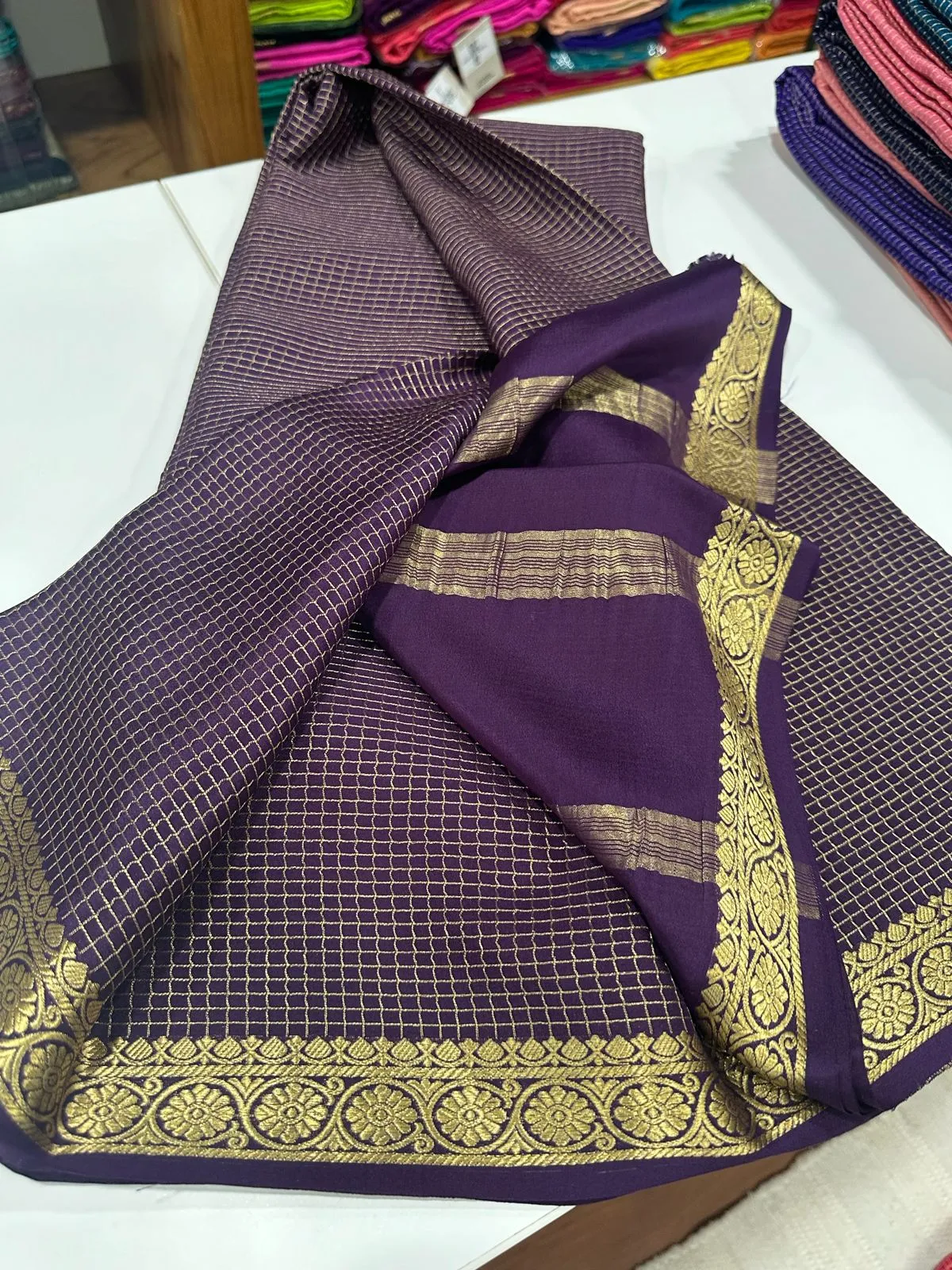 Pure Mysore Silk Small Check Designer Saree