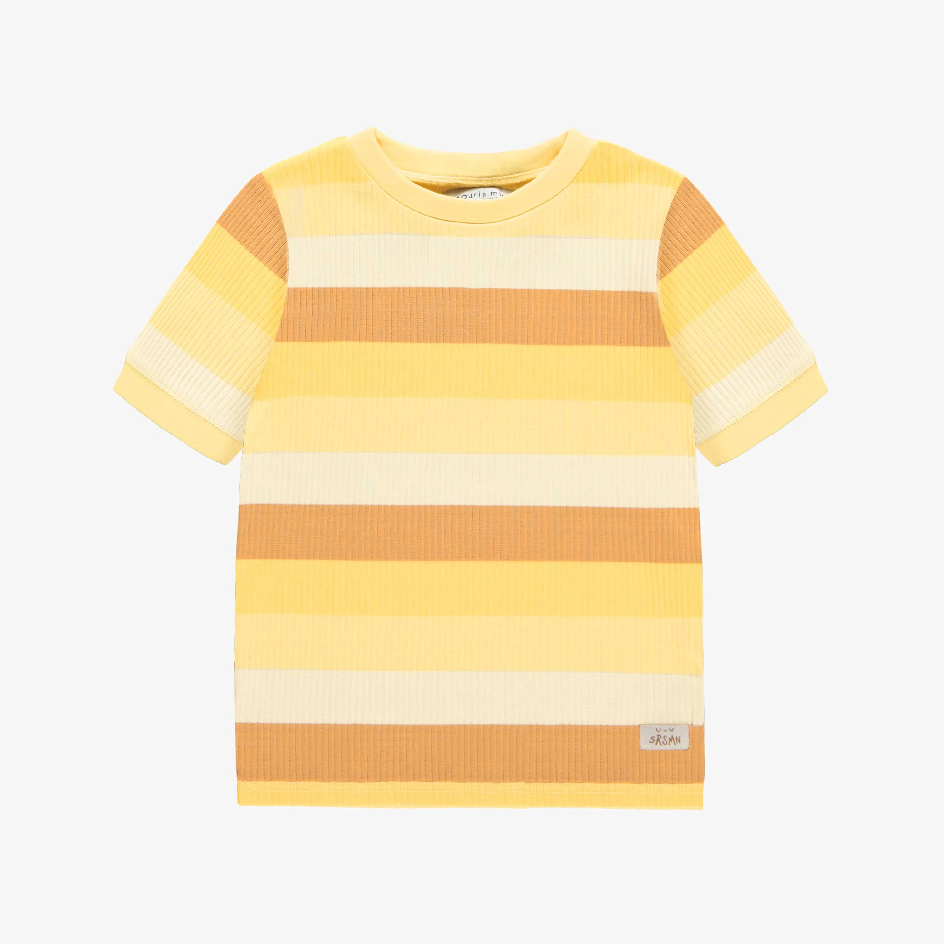 Pyjama orange et jaune à rayures avec manches courtes en tricot côtelé, enfant || Striped orange and yellow pajama with short sleeves in ribbed knit, child