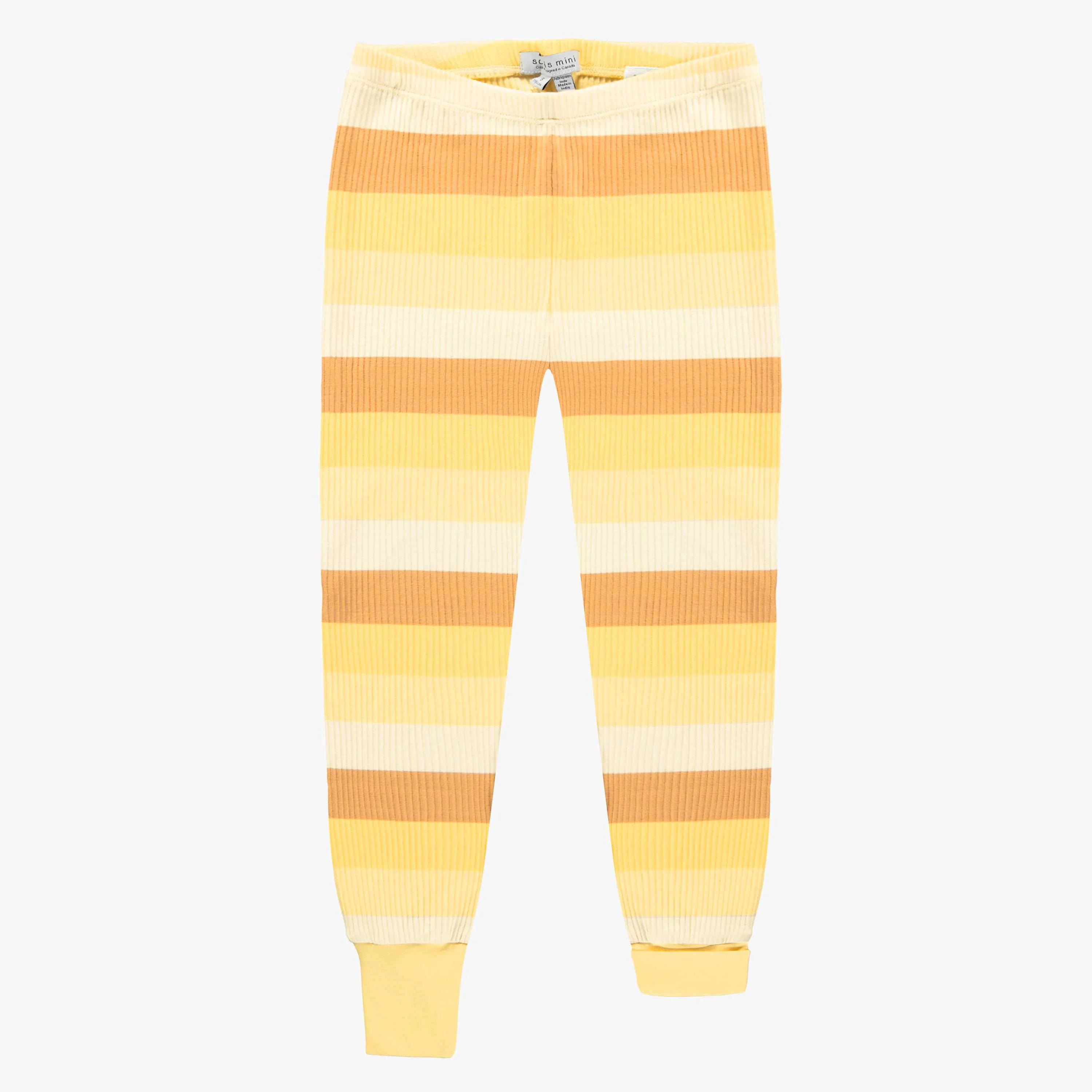 Pyjama orange et jaune à rayures avec manches courtes en tricot côtelé, enfant || Striped orange and yellow pajama with short sleeves in ribbed knit, child