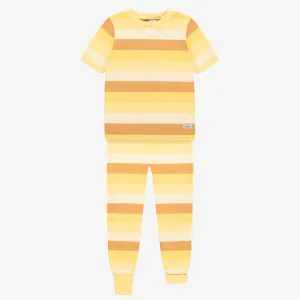 Pyjama orange et jaune à rayures avec manches courtes en tricot côtelé, enfant || Striped orange and yellow pajama with short sleeves in ribbed knit, child