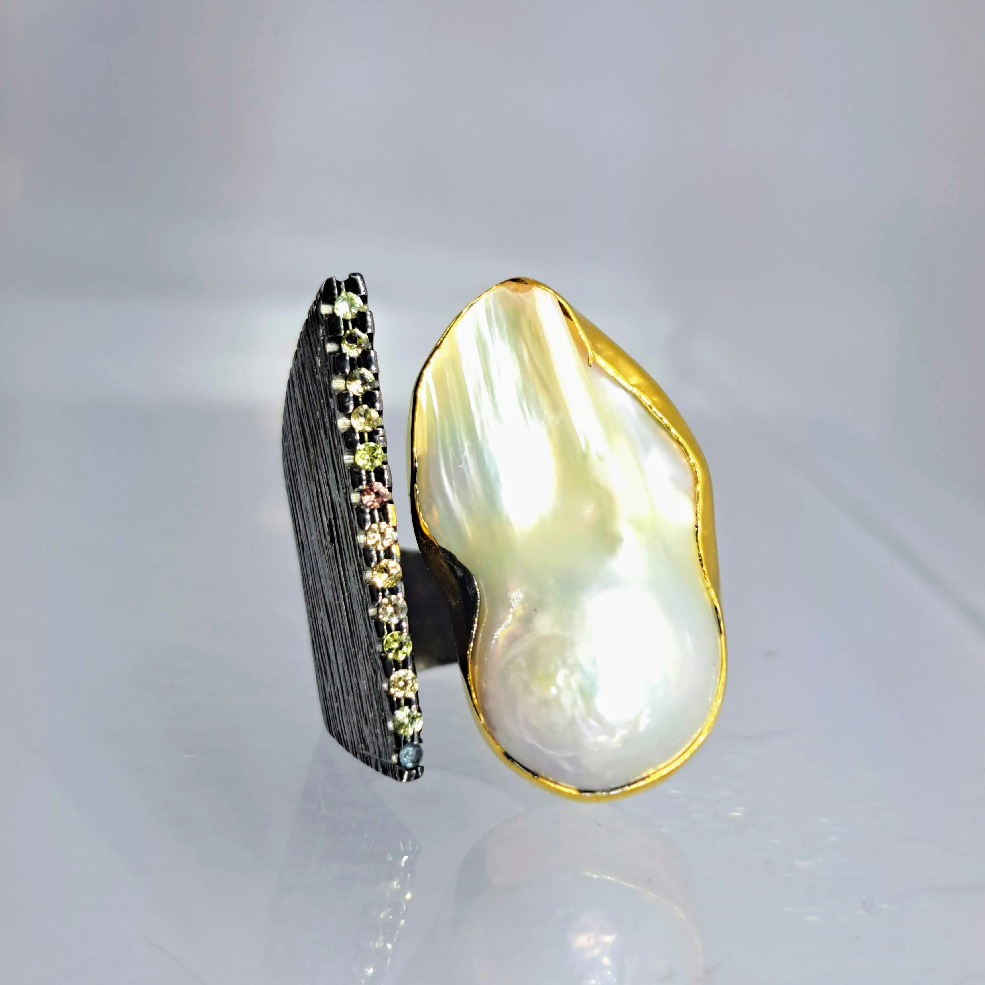 "Blings Me Joy" Sz 7.5 to 8 Ring - Baroque Pearl, Sapphire, Black Sterling, 18k