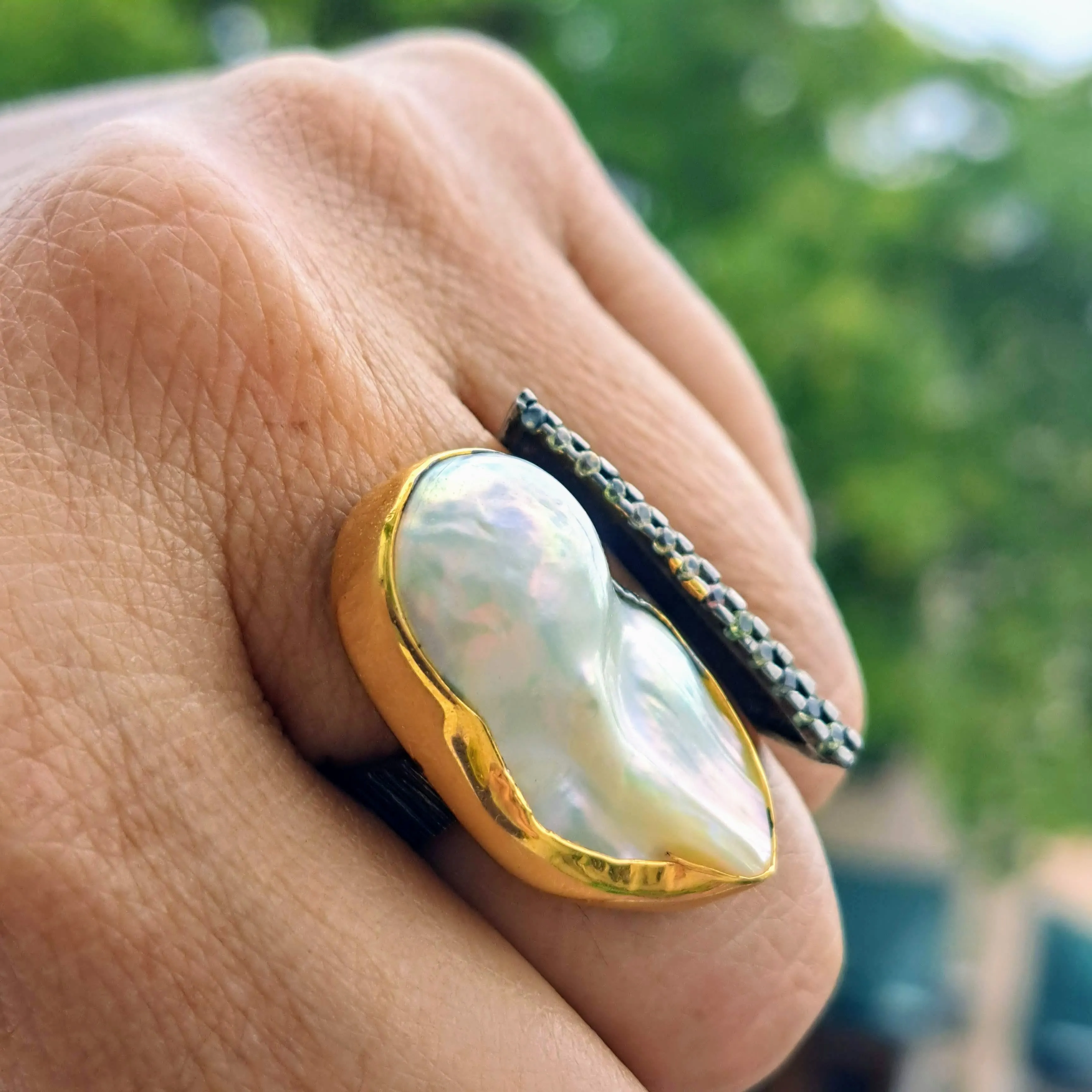 "Blings Me Joy" Sz 7.5 to 8 Ring - Baroque Pearl, Sapphire, Black Sterling, 18k