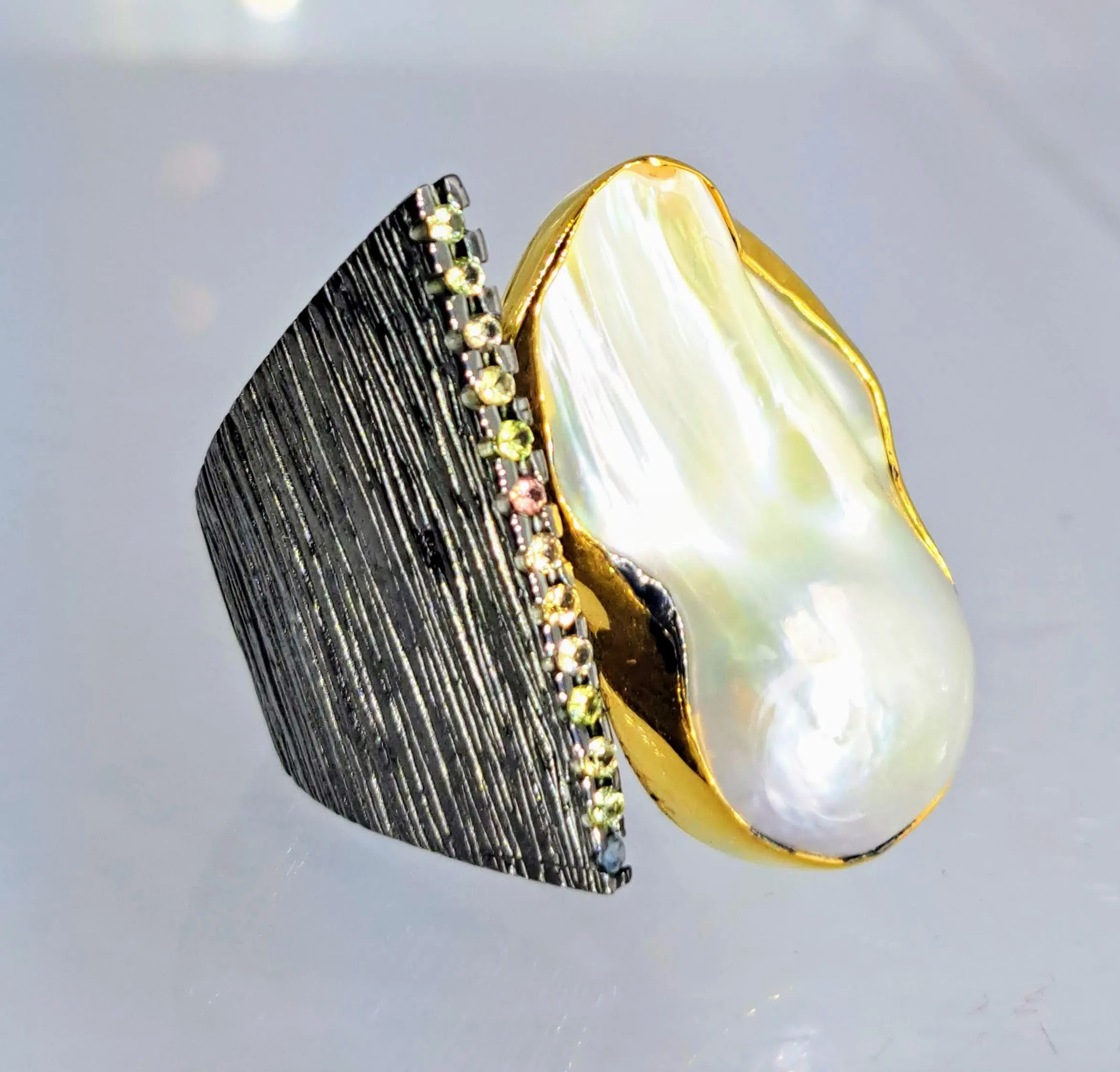 "Blings Me Joy" Sz 7.5 to 8 Ring - Baroque Pearl, Sapphire, Black Sterling, 18k