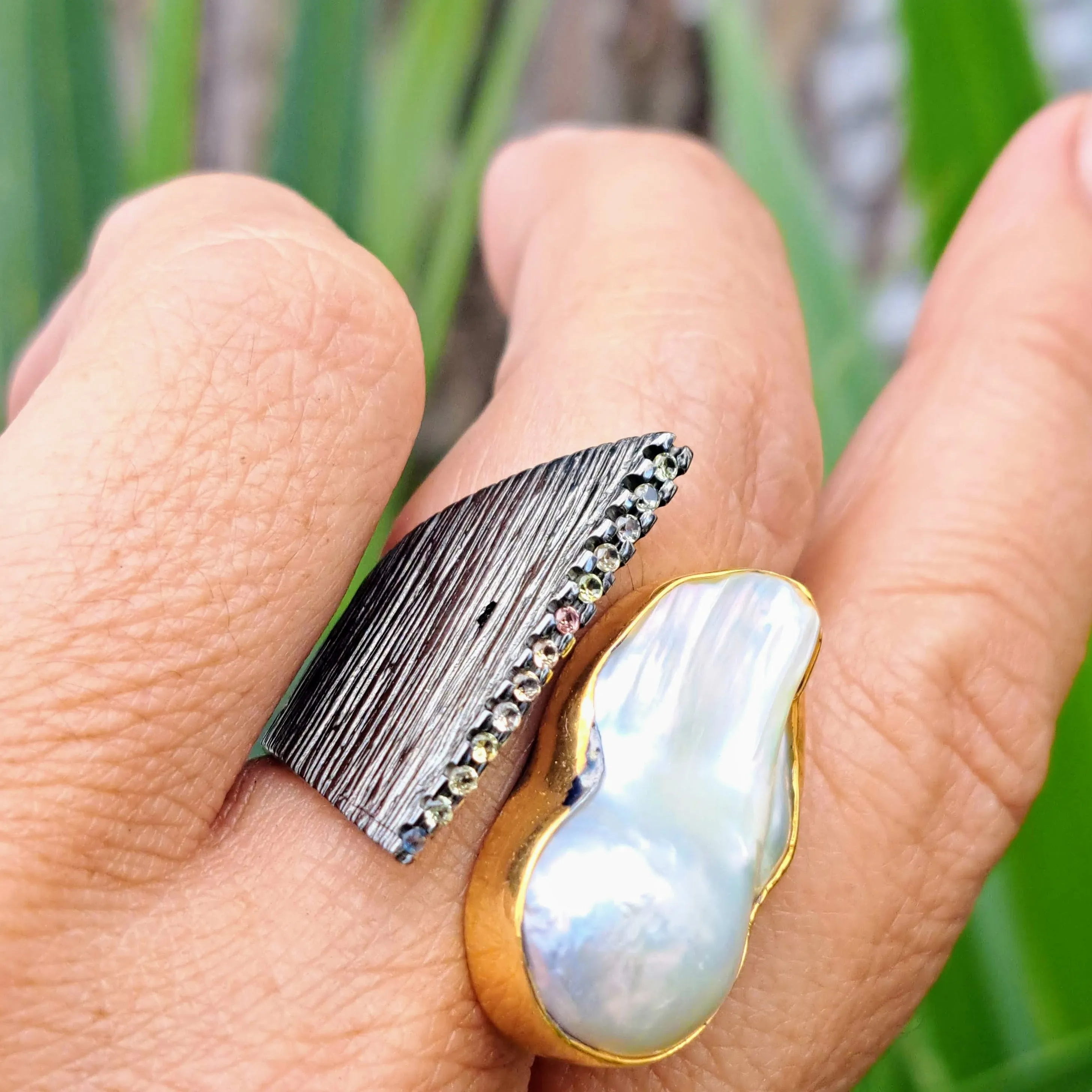 "Blings Me Joy" Sz 7.5 to 8 Ring - Baroque Pearl, Sapphire, Black Sterling, 18k