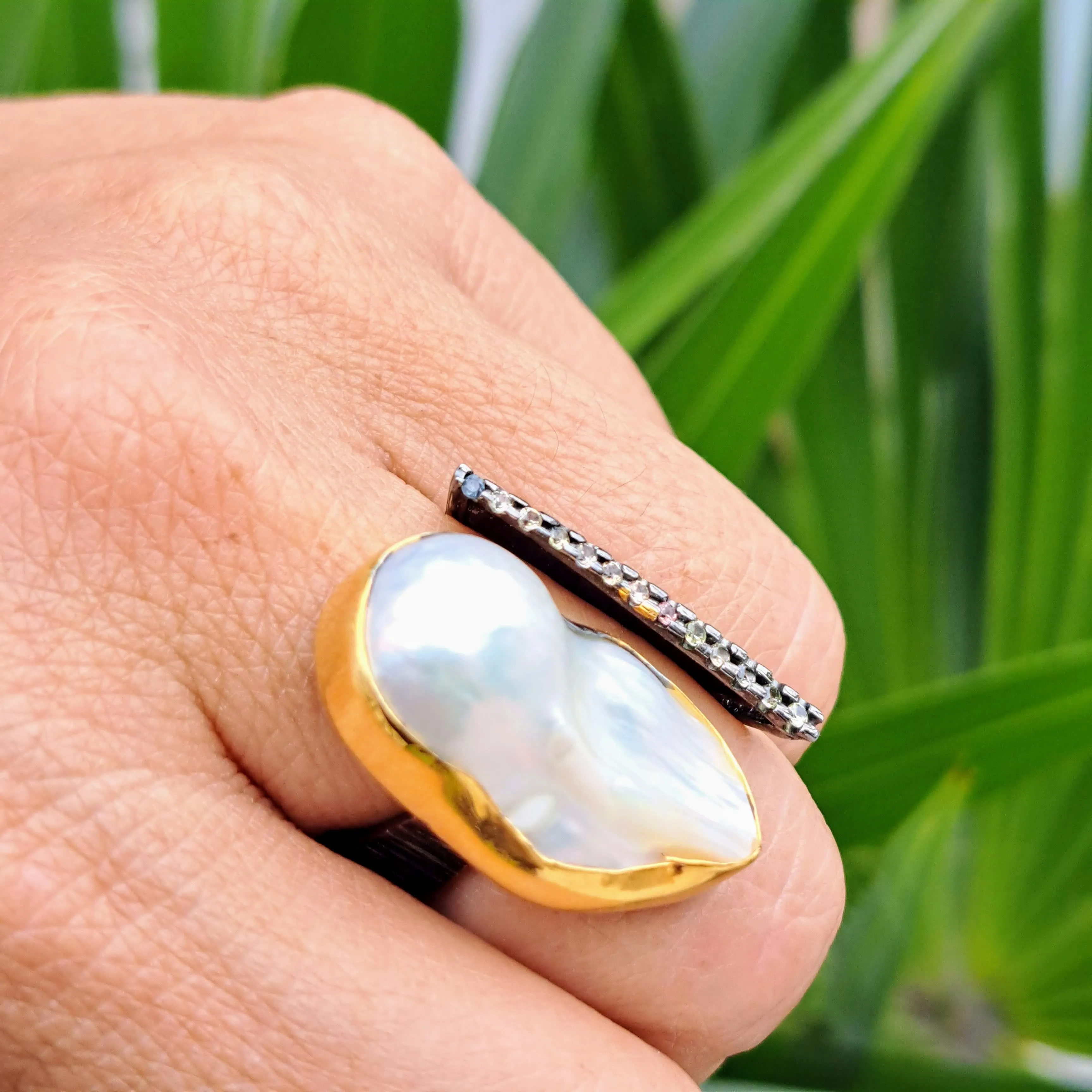 "Blings Me Joy" Sz 7.5 to 8 Ring - Baroque Pearl, Sapphire, Black Sterling, 18k