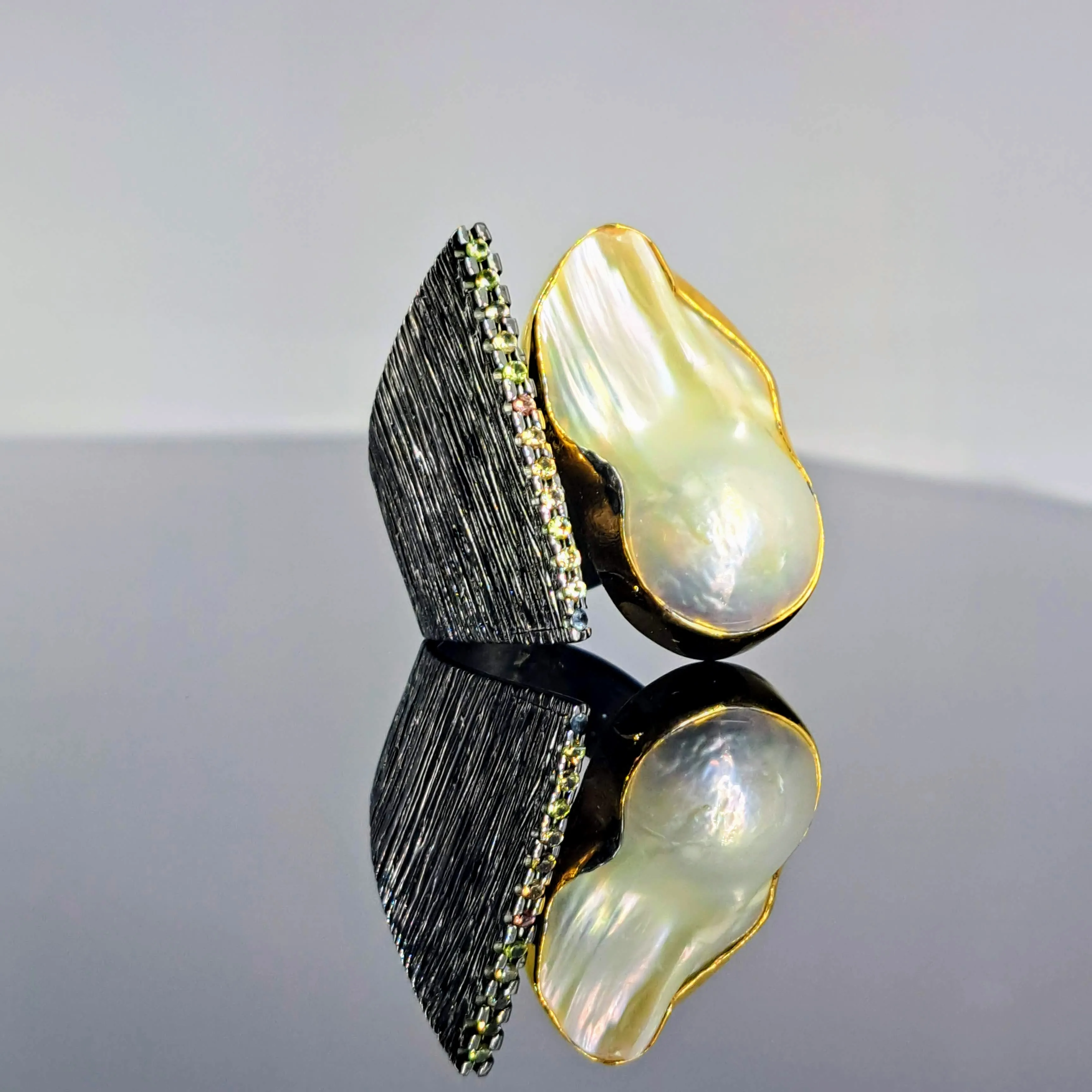 "Blings Me Joy" Sz 7.5 to 8 Ring - Baroque Pearl, Sapphire, Black Sterling, 18k
