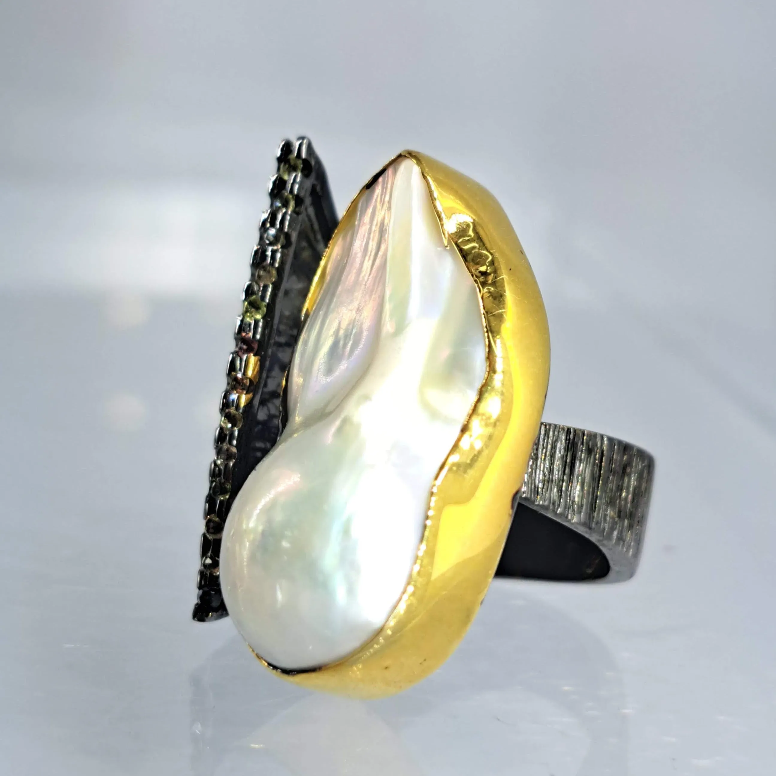 "Blings Me Joy" Sz 7.5 to 8 Ring - Baroque Pearl, Sapphire, Black Sterling, 18k