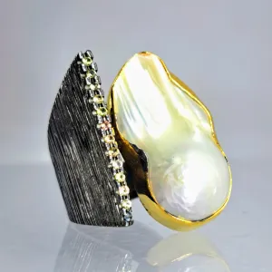 "Blings Me Joy" Sz 7.5 to 8 Ring - Baroque Pearl, Sapphire, Black Sterling, 18k