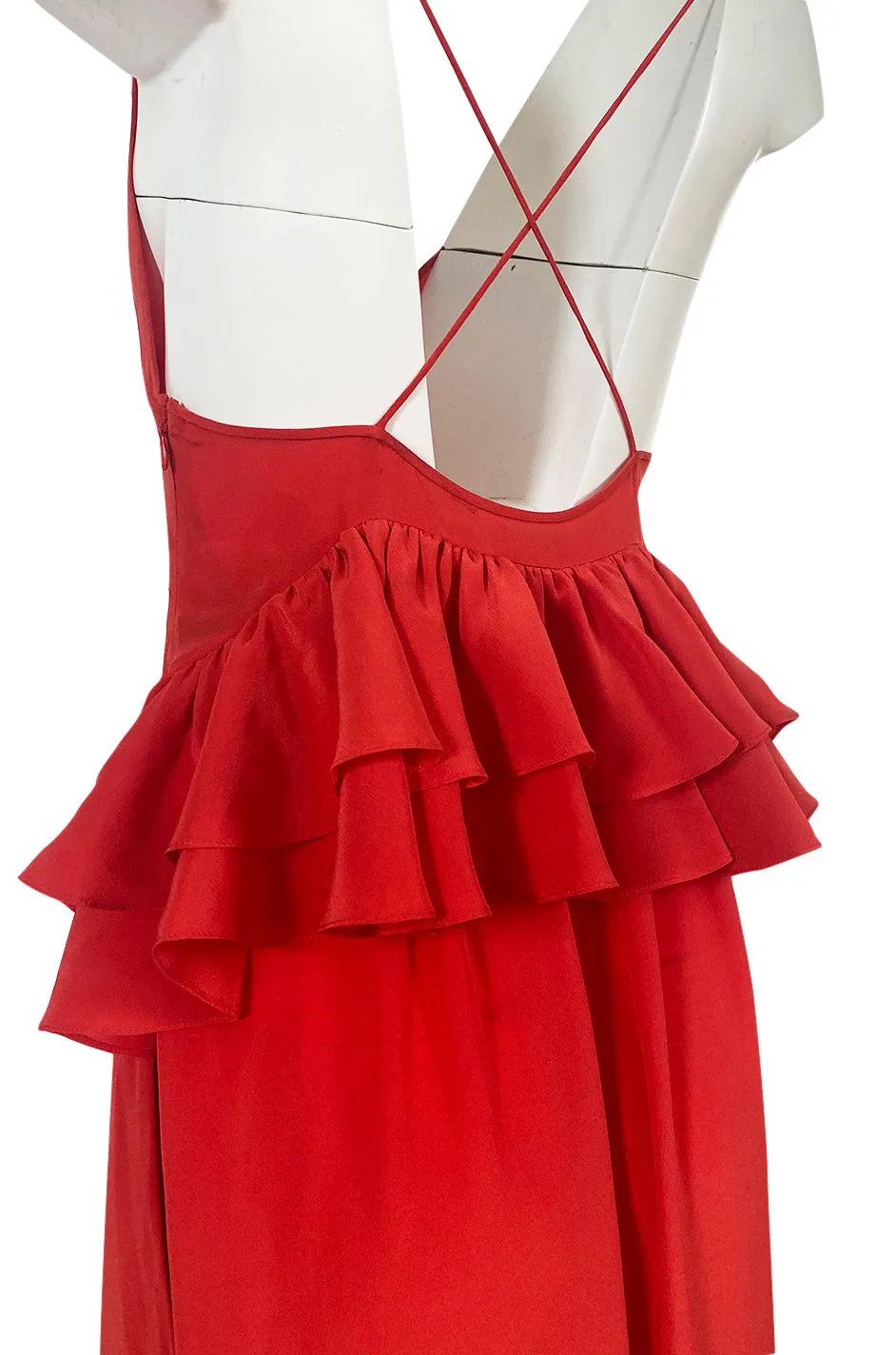 Recent Rochas Red Silk Backless Dress w Ruffle Detail at Low Back