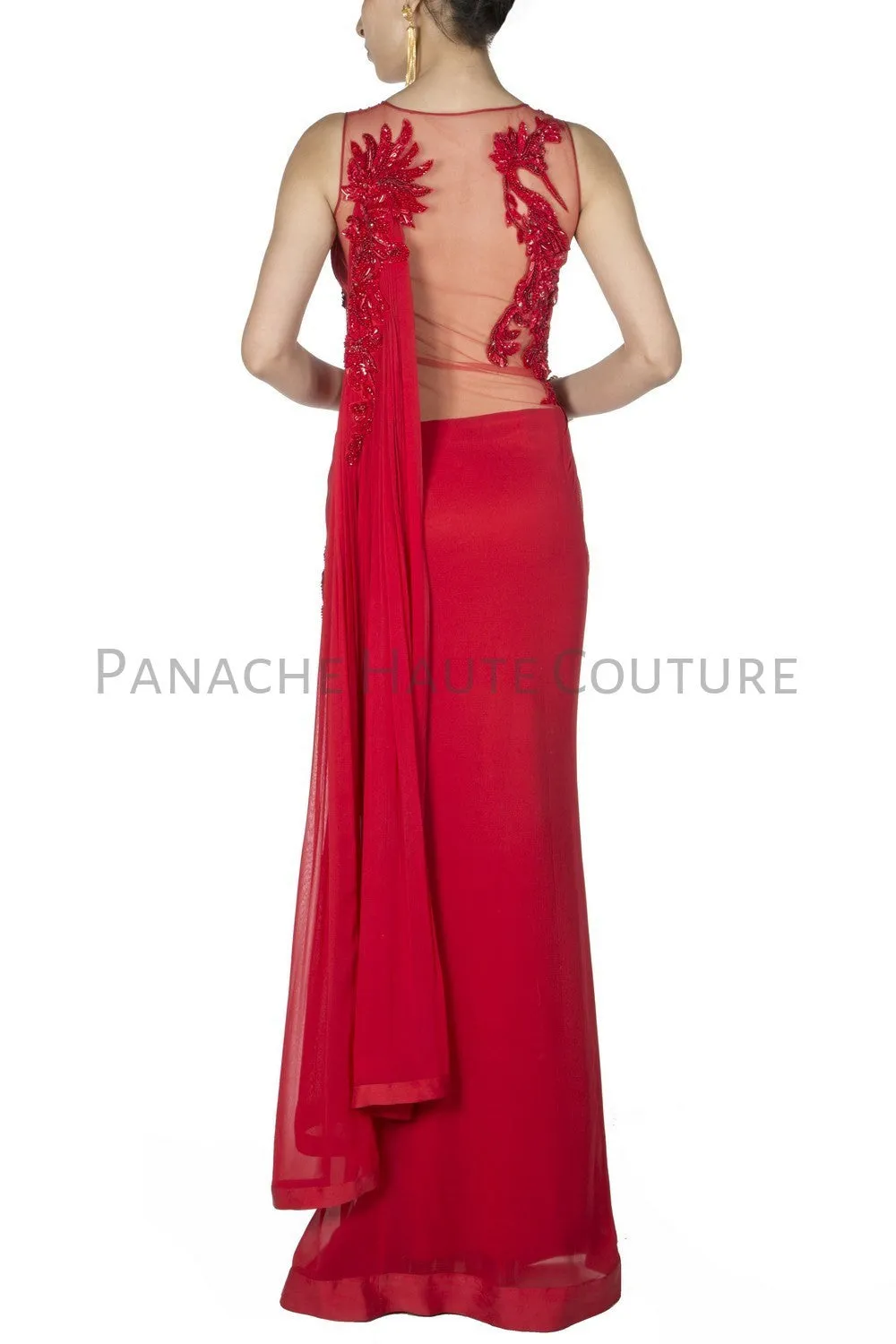 Red Colour Chiffon Designer Saree Gown Online