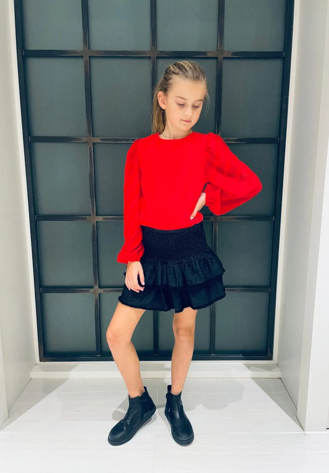 Red Textured-Sleeve Top