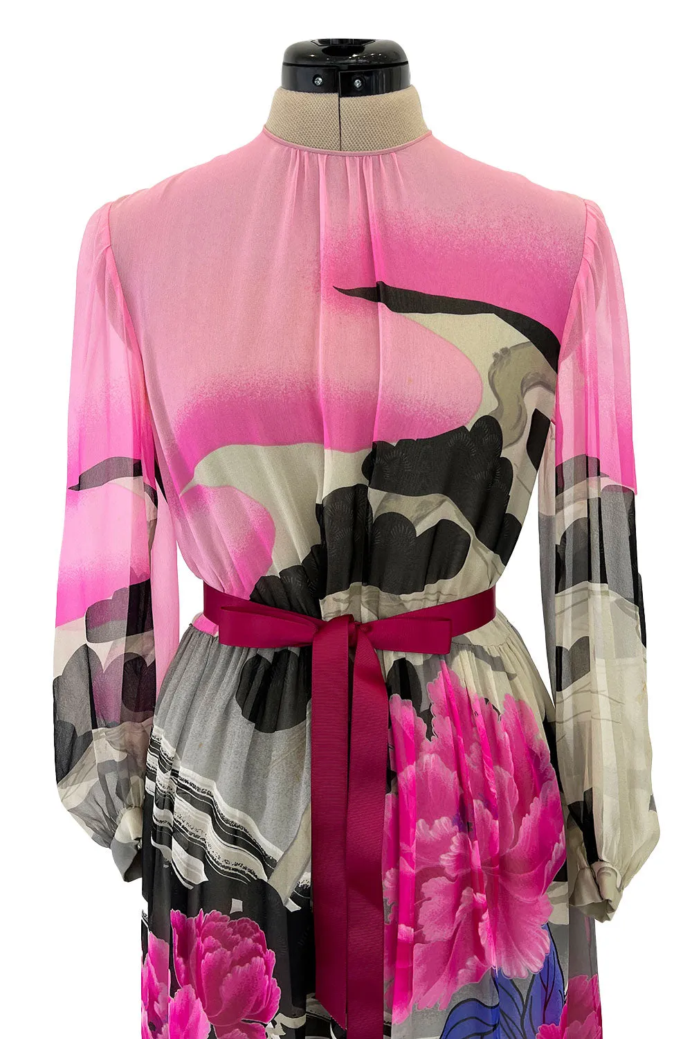Romantic 1970s Hanae Mori Huge Pink Floral Print Silk Chiffon Dress w Grey Scale Backdrop