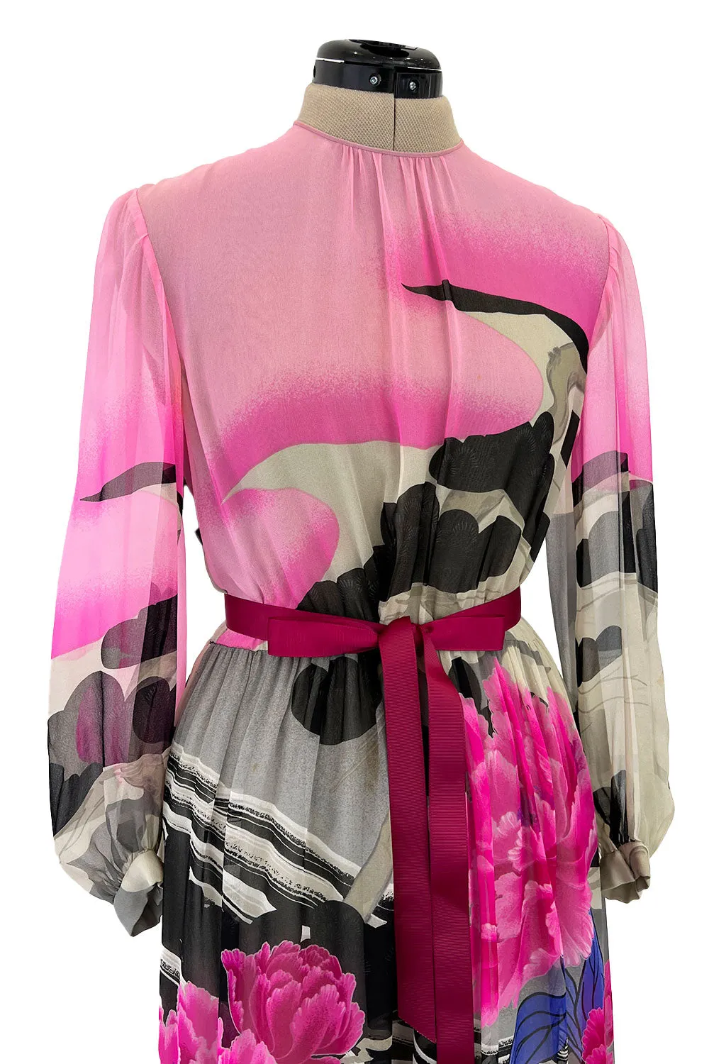 Romantic 1970s Hanae Mori Huge Pink Floral Print Silk Chiffon Dress w Grey Scale Backdrop