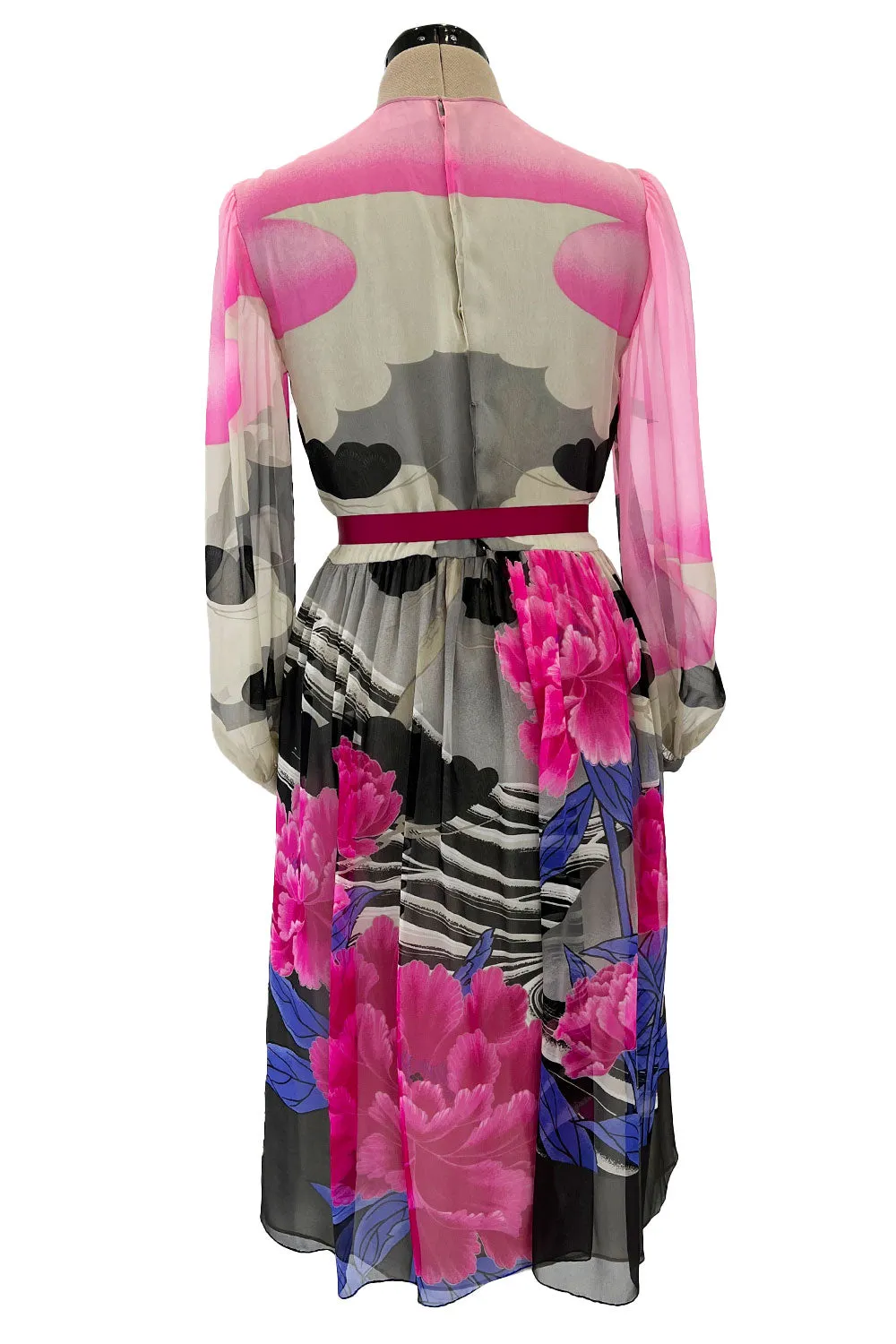 Romantic 1970s Hanae Mori Huge Pink Floral Print Silk Chiffon Dress w Grey Scale Backdrop