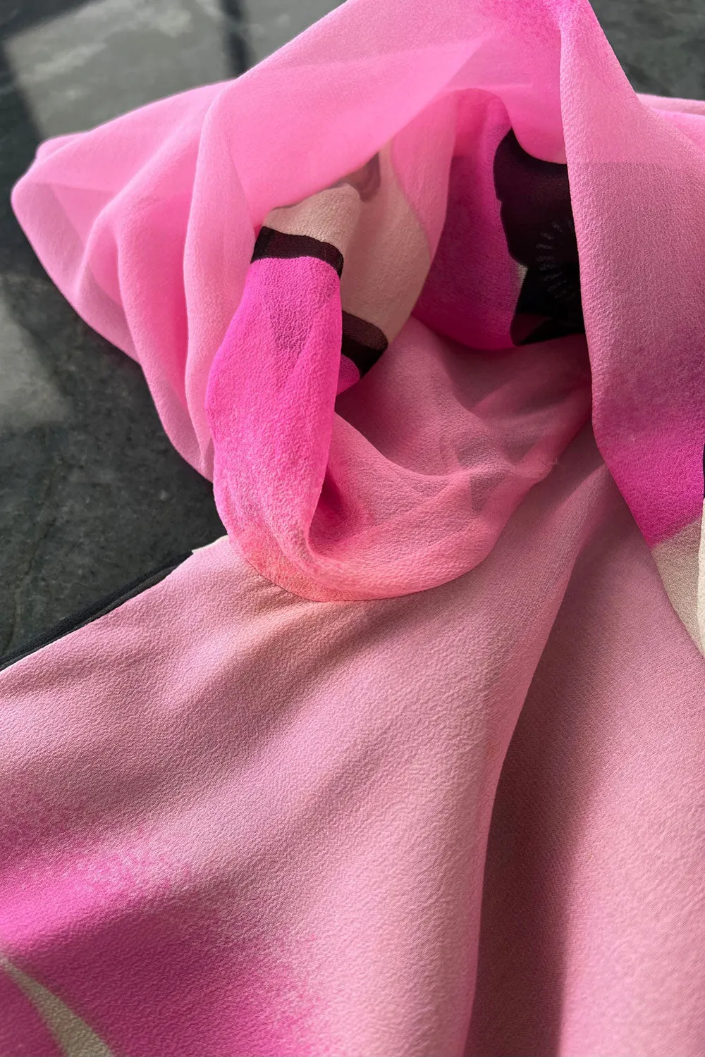 Romantic 1970s Hanae Mori Huge Pink Floral Print Silk Chiffon Dress w Grey Scale Backdrop