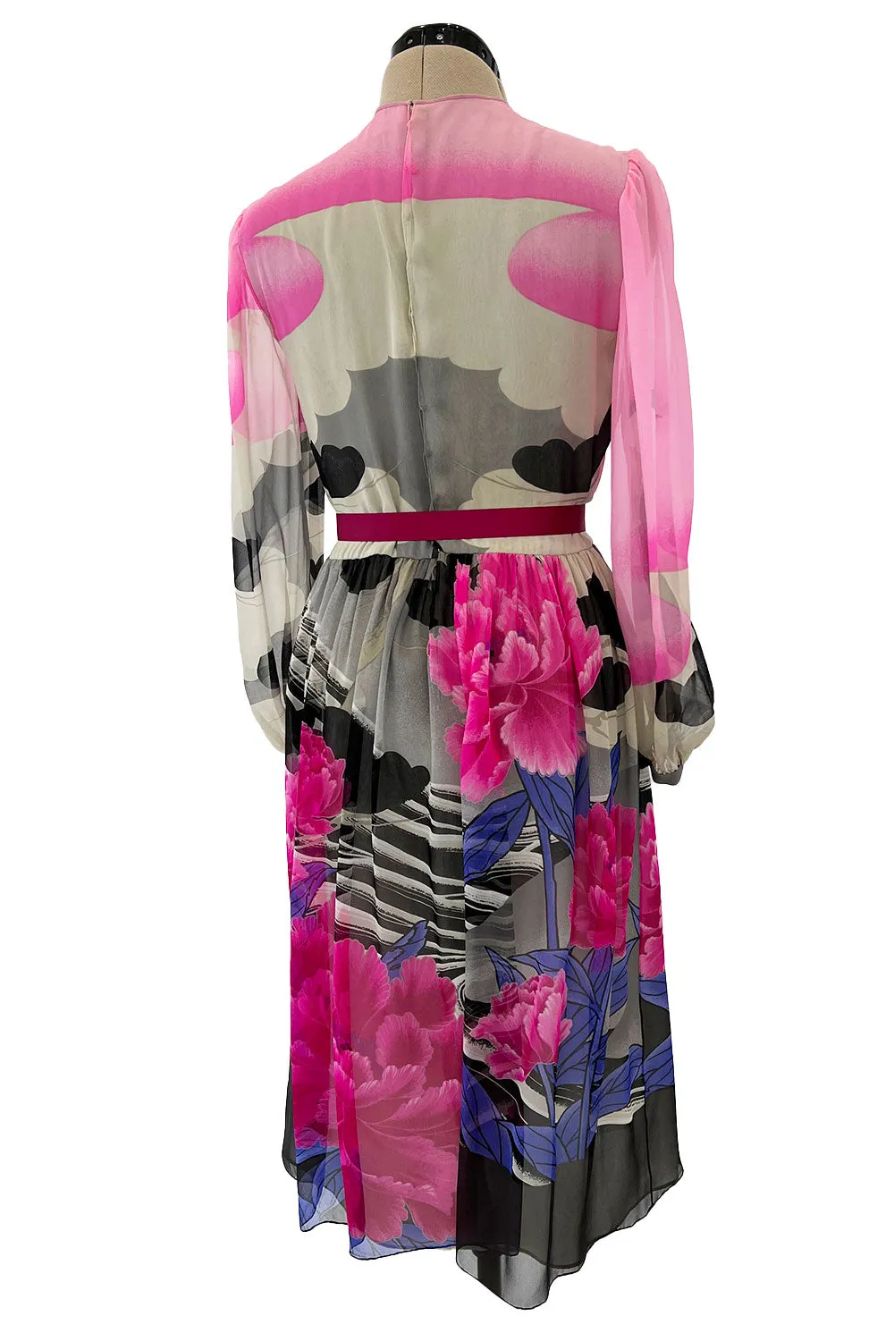 Romantic 1970s Hanae Mori Huge Pink Floral Print Silk Chiffon Dress w Grey Scale Backdrop