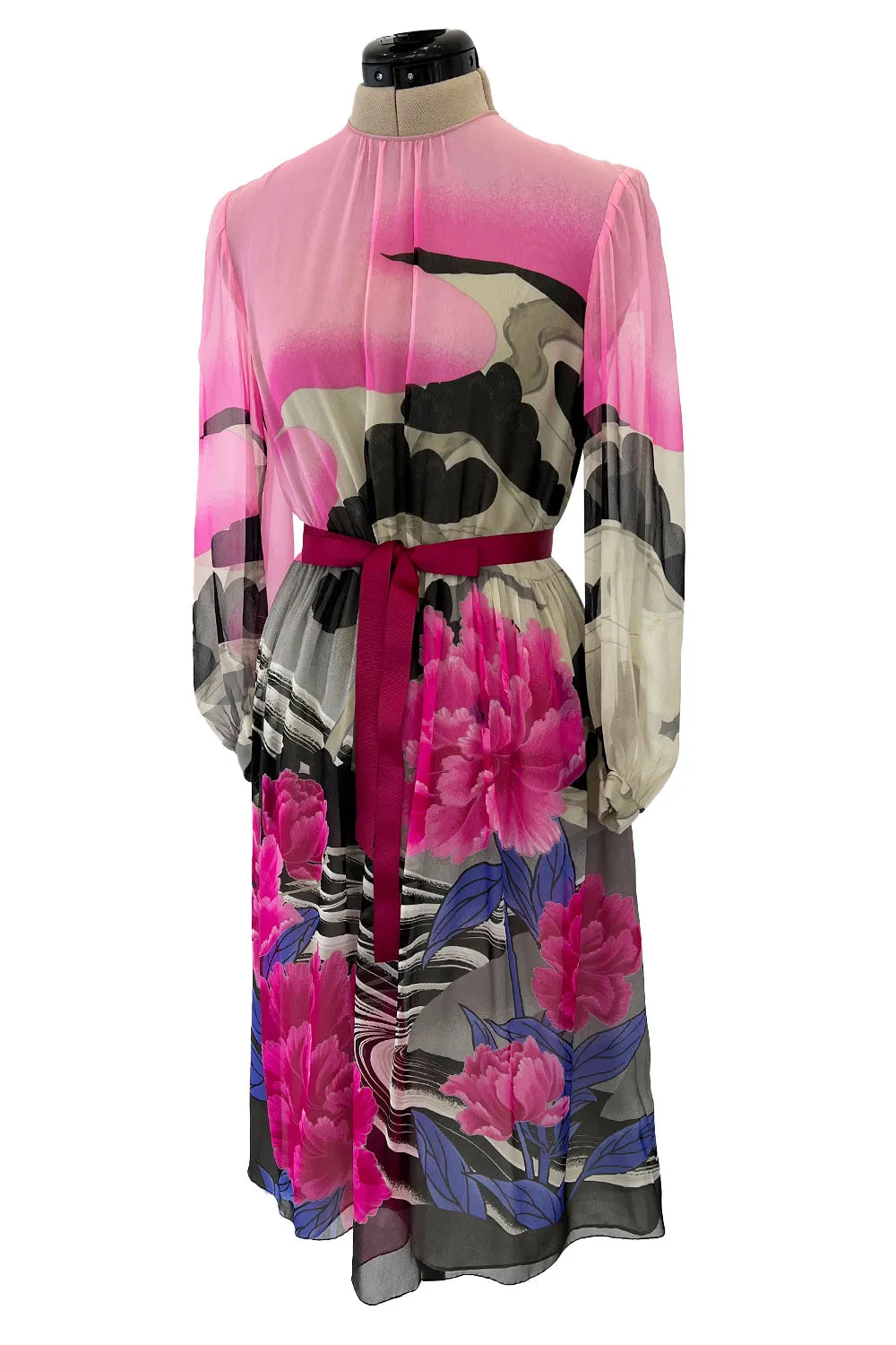 Romantic 1970s Hanae Mori Huge Pink Floral Print Silk Chiffon Dress w Grey Scale Backdrop