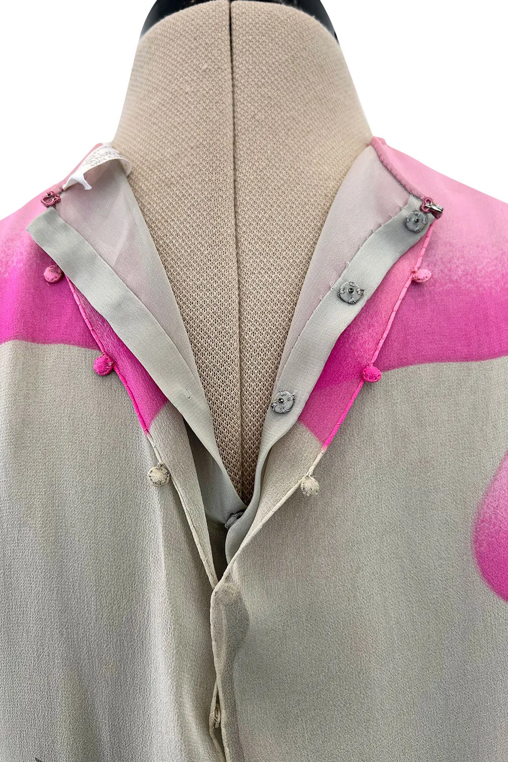 Romantic 1970s Hanae Mori Huge Pink Floral Print Silk Chiffon Dress w Grey Scale Backdrop