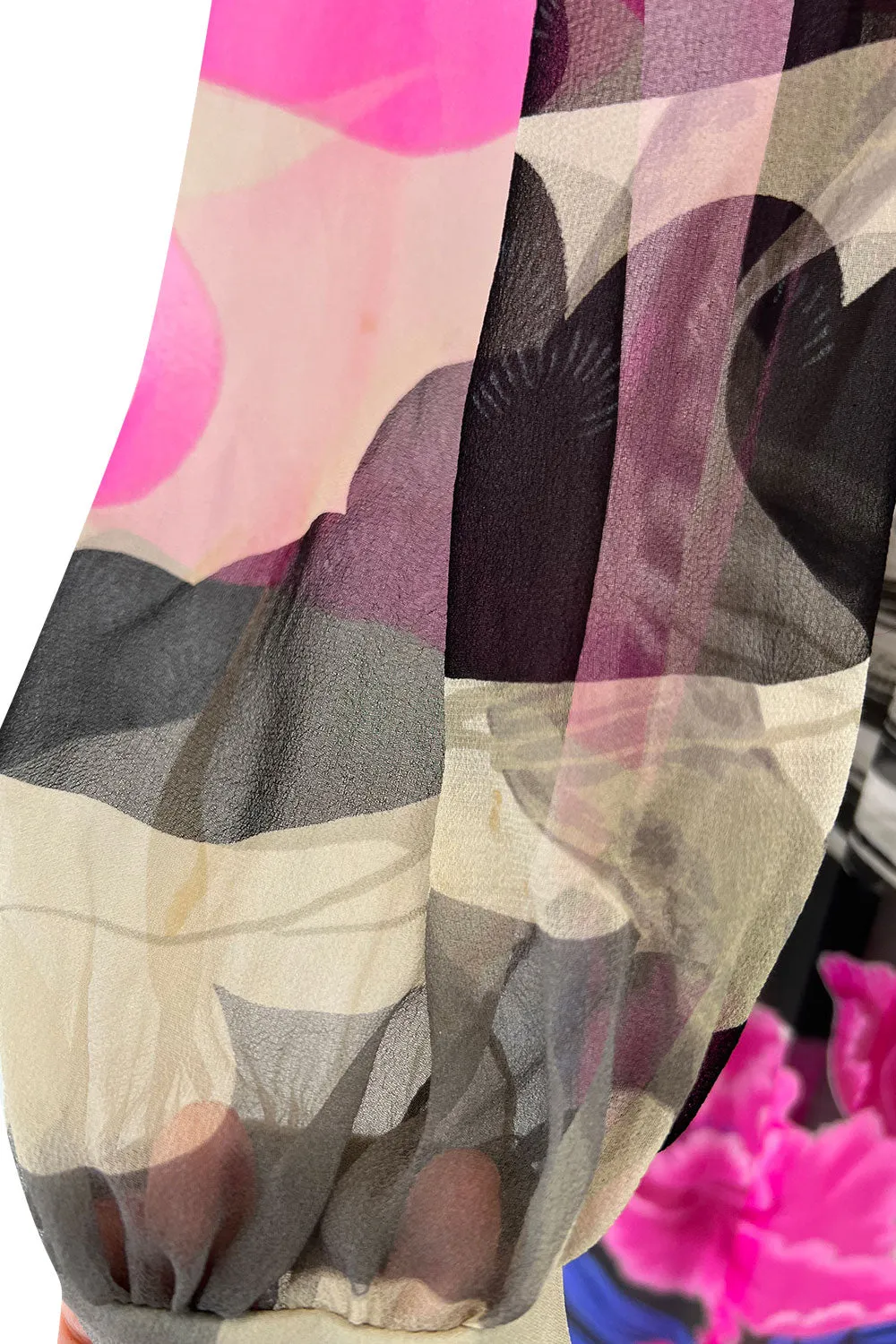 Romantic 1970s Hanae Mori Huge Pink Floral Print Silk Chiffon Dress w Grey Scale Backdrop