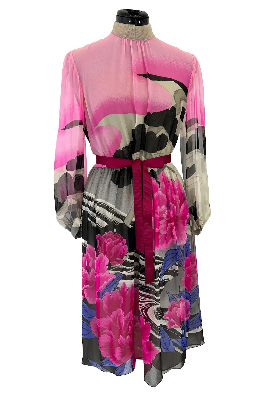 Romantic 1970s Hanae Mori Huge Pink Floral Print Silk Chiffon Dress w Grey Scale Backdrop