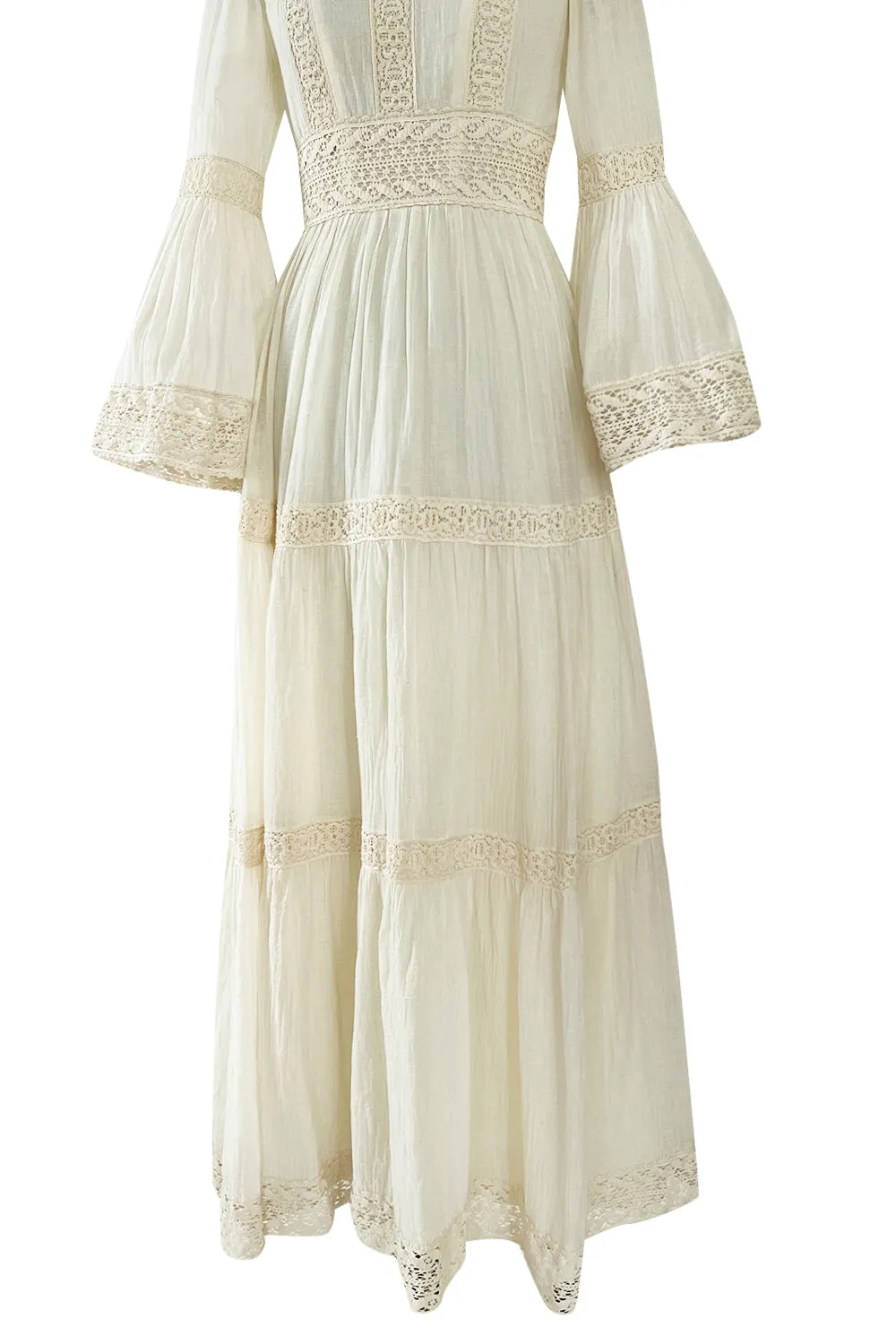 Romantic 1970s Victor Costa Mexican Wedding Dress Feel Ivory Cotton Gauze & Lace  Dress