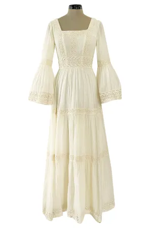 Romantic 1970s Victor Costa Mexican Wedding Dress Feel Ivory Cotton Gauze & Lace  Dress