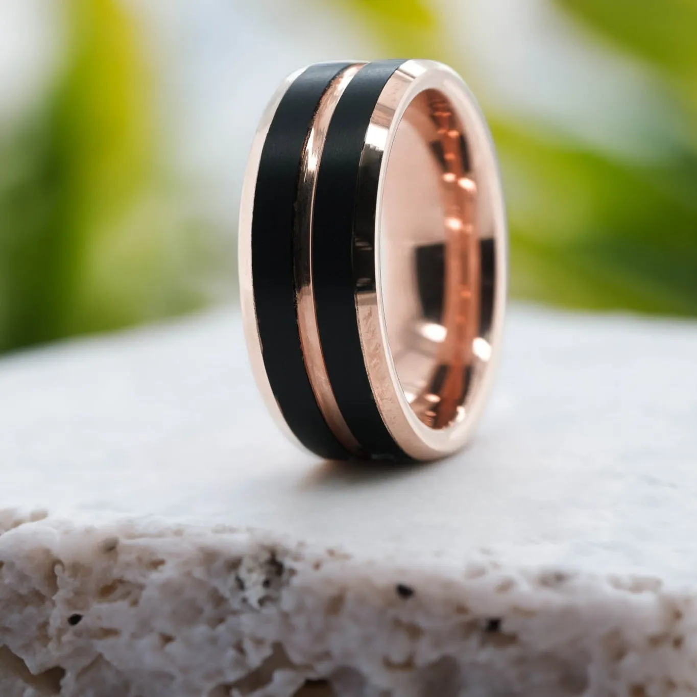 Rose Gold Polished Band / Black Stripes - 8mm