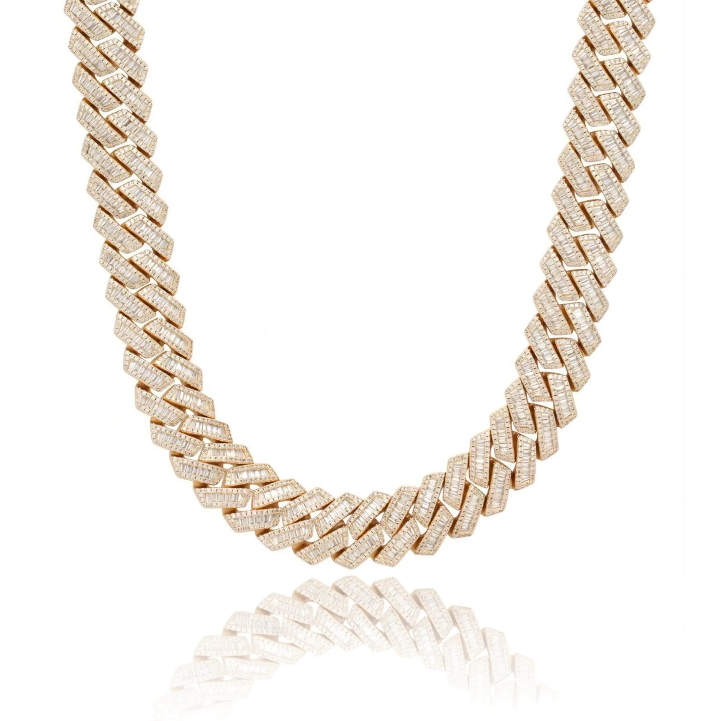 S925 Baguette Moissanite Diamond Cuban Link Chain in 14K Gold - 16mm