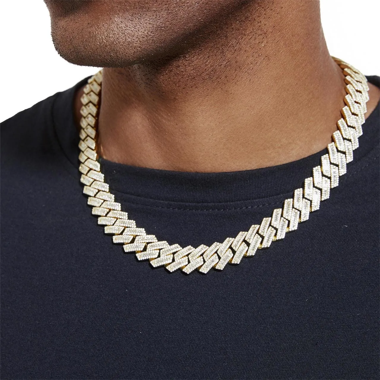 S925 Baguette Moissanite Diamond Cuban Link Chain in 14K Gold - 16mm