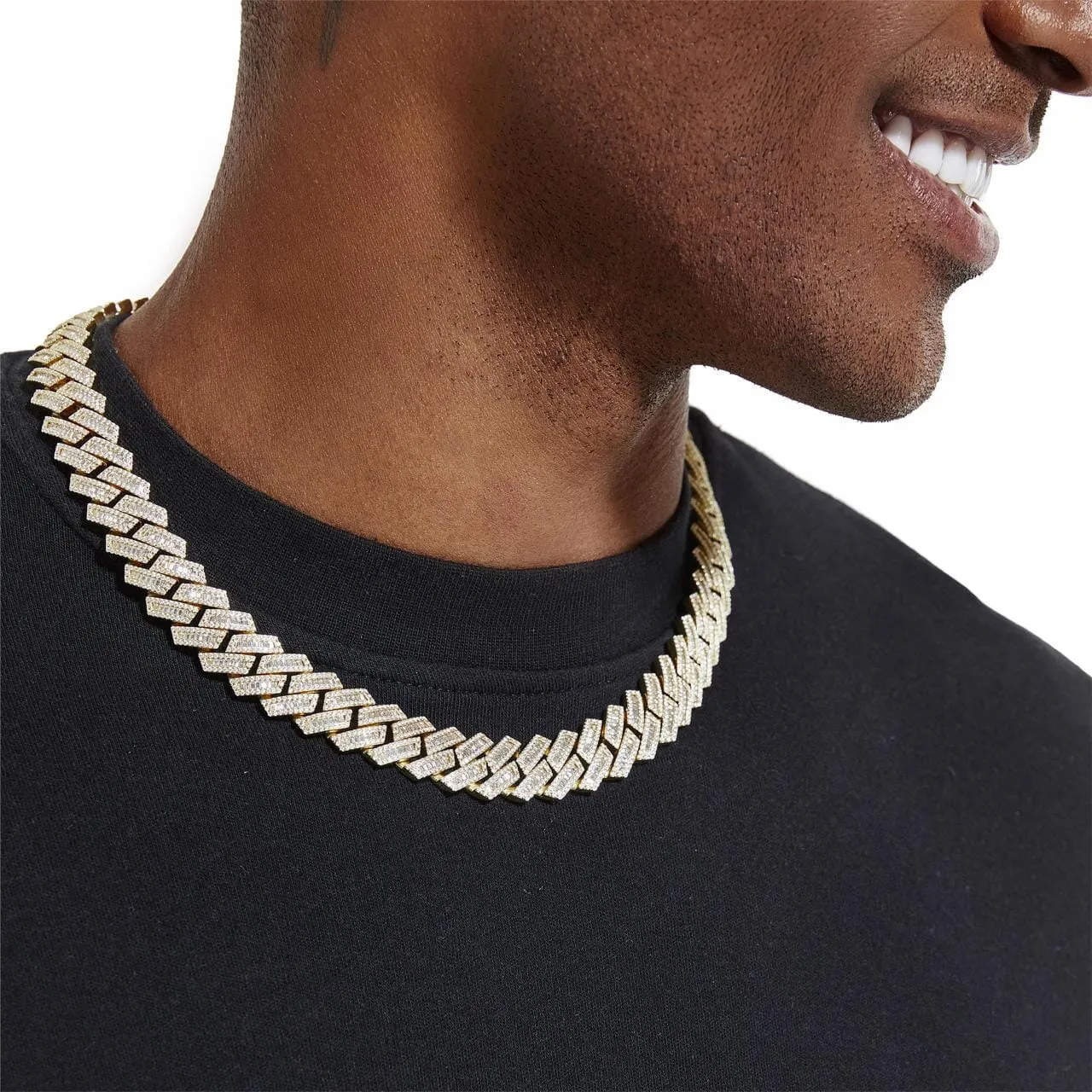 S925 Baguette Moissanite Diamond Cuban Link Chain in 14K Gold - 16mm