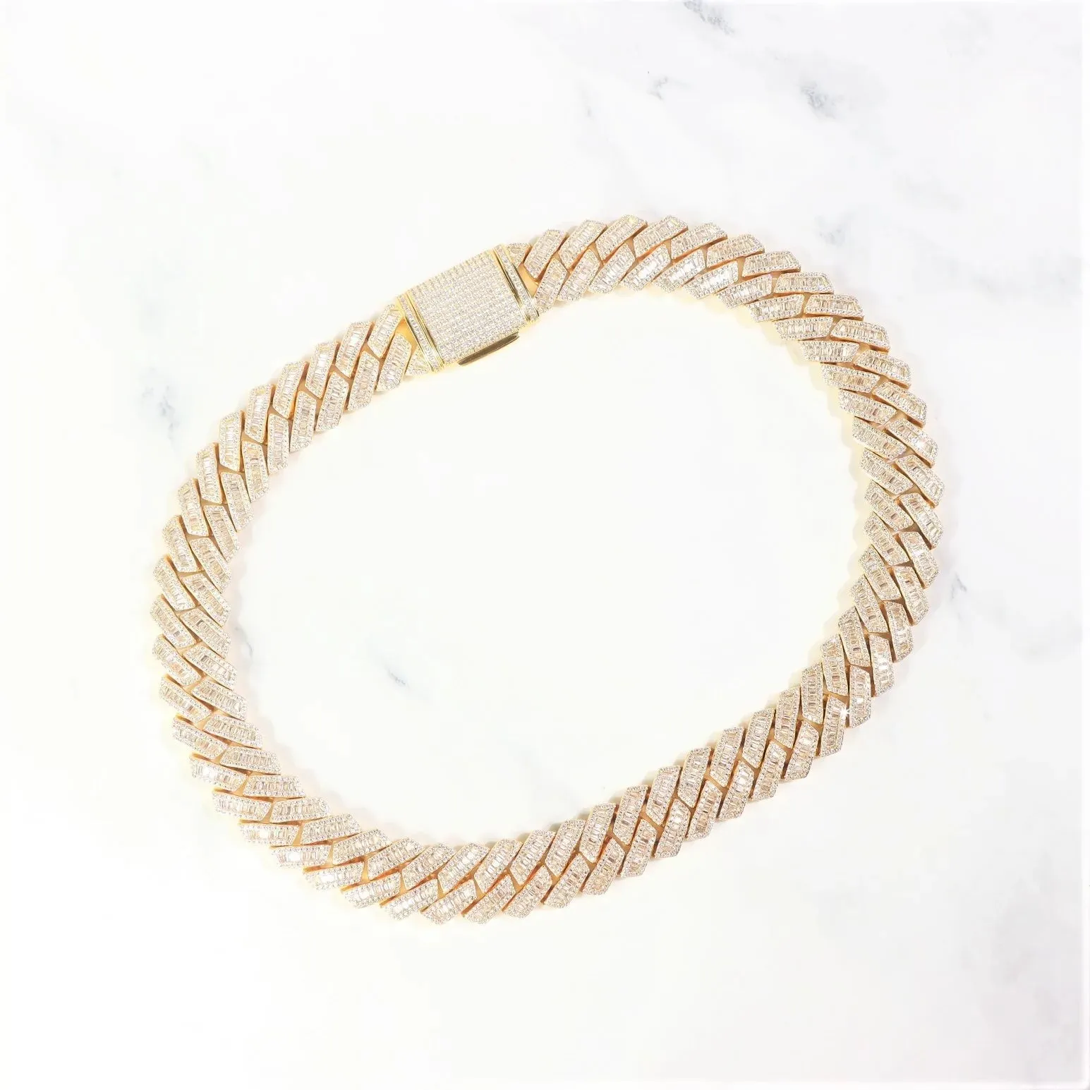 S925 Baguette Moissanite Diamond Cuban Link Chain in 14K Gold - 16mm