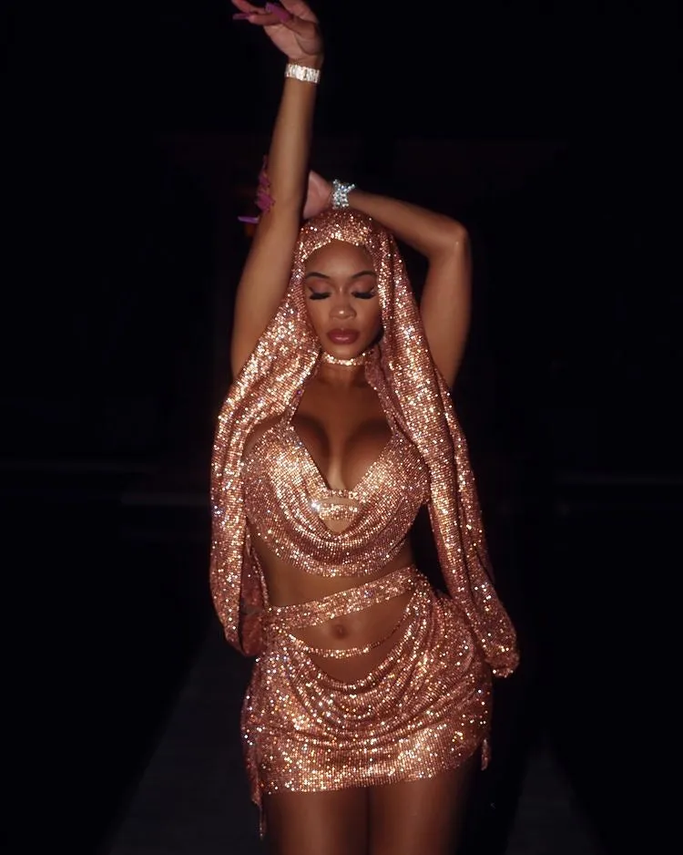 Saweetie Blush Gold Chainmail Two Piece look