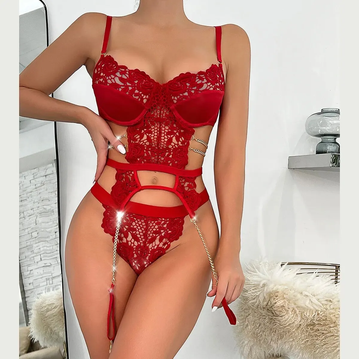 Seductive Floral Lace Lingerie Set with Chain Detail and Sheer Briefs