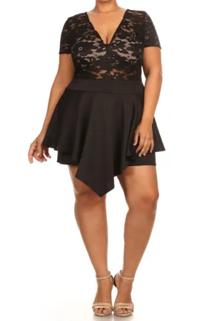 See Through Floral Lace V Hem Plus Size Romper