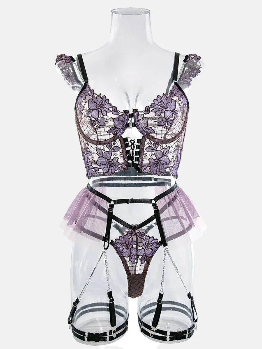 See Through Flower Lingerie 4 Piece Set MSL026