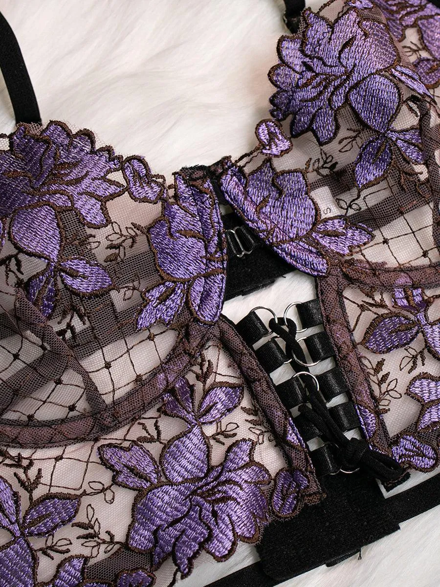 See Through Flower Lingerie 4 Piece Set MSL026