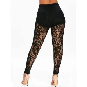 See Through Lace Insert Skinny Leggings - Black M