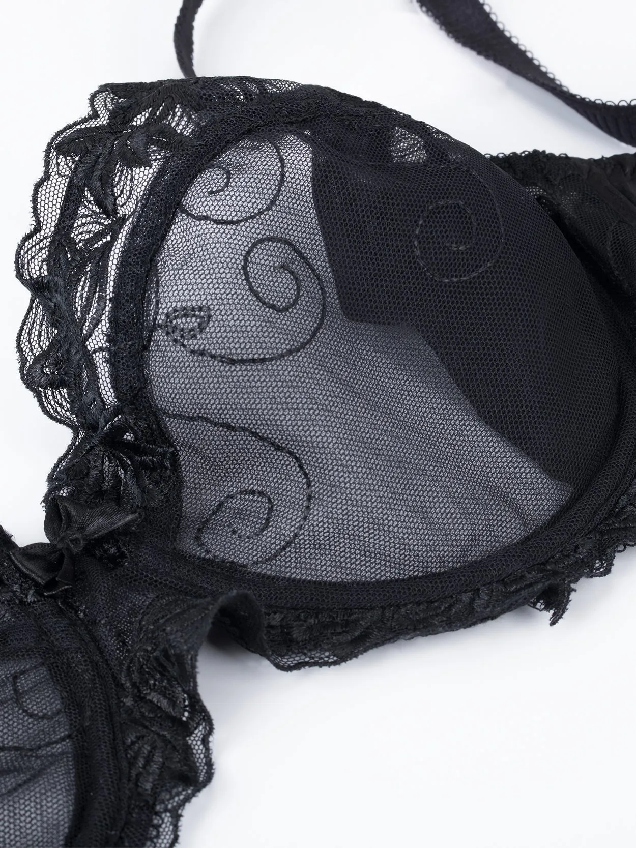 See Through Mesh Cups Non-pads  Embroidered Underwire Bra Black