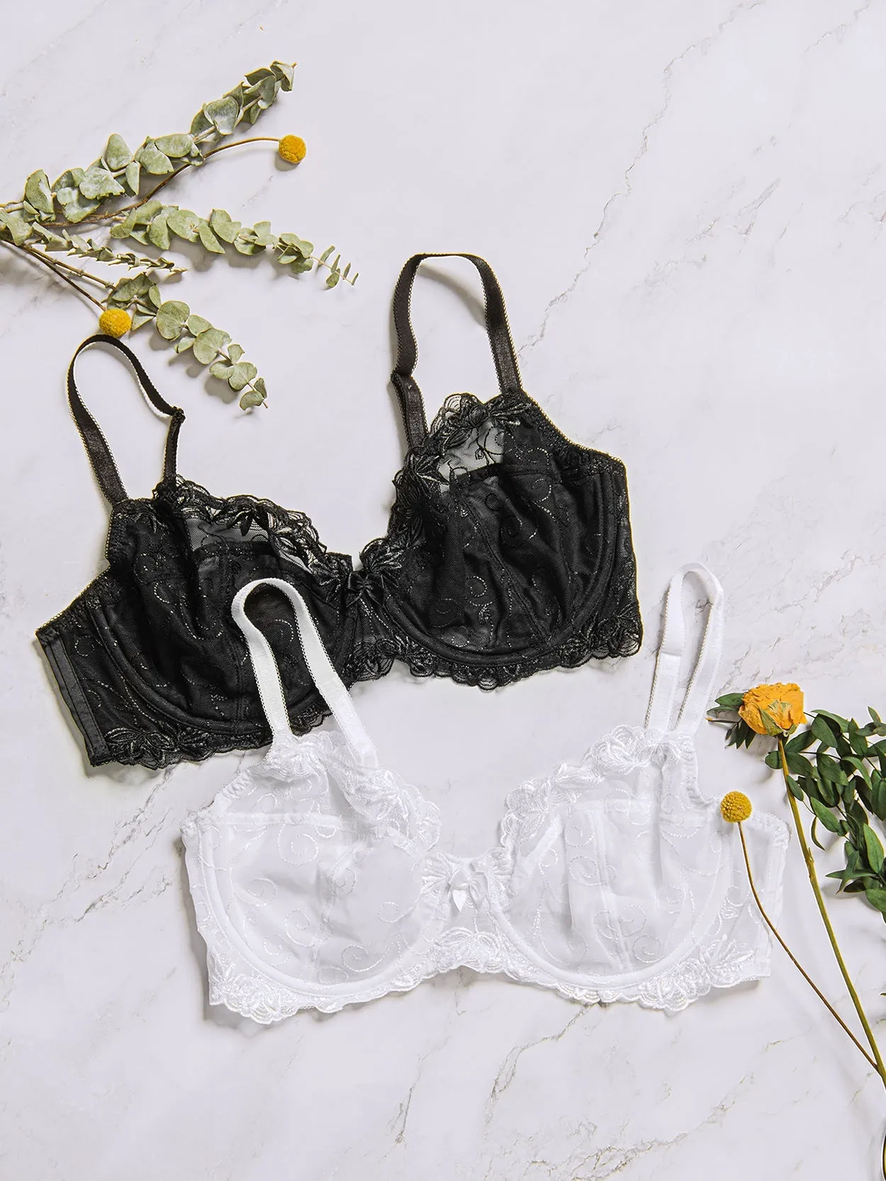 See Through Mesh Cups Non-pads  Embroidered Underwire Bra Black