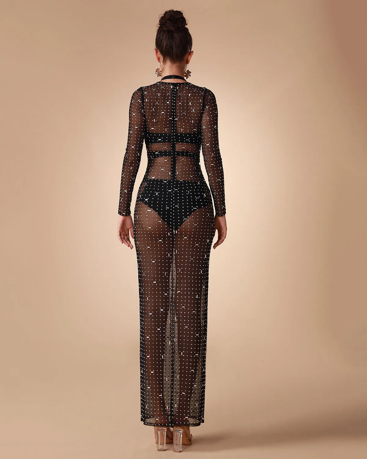 See Through Mesh Pearl Cover Up Dress
