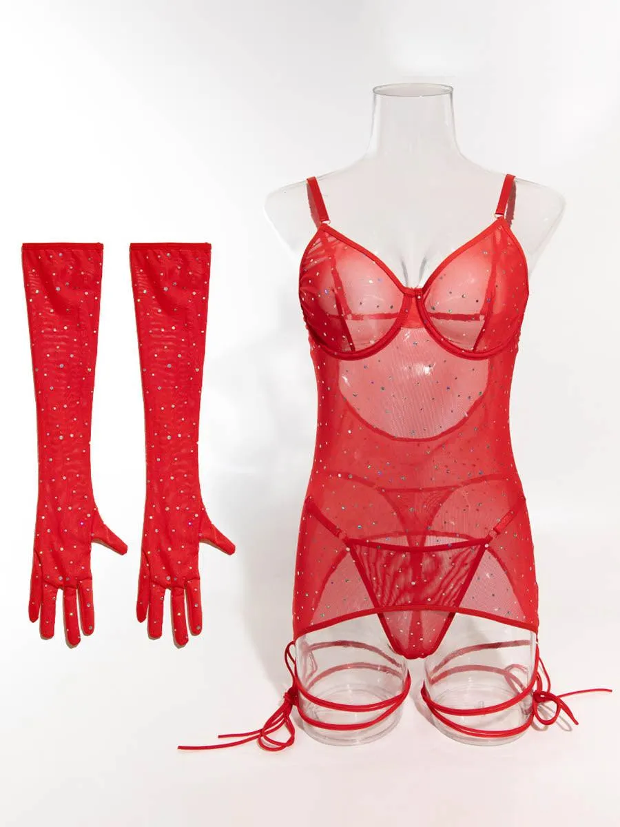See-through Solid Rhinestone Glove Ties Three-Piece Set MSL065