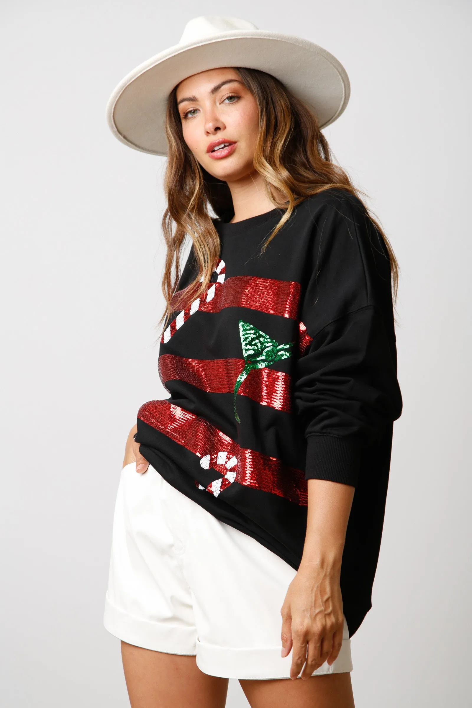 Sequin Stripes And Candy Cane Sweatshirt