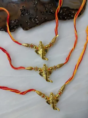 (Set of 3) Designer Rakhi with Gold Plated Ganpati Bappa Bead Multicolor Thread Rakhi for Brother
